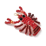 Glass Seed Beaded Pendants, Cray, with Light Golden Copper Wire, Red, 36~39x29x2mm, Hole: 2mm(PALLOY-MZ00903-01)