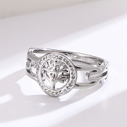 Stainless steel Rhinestone Hollow Ring, Flat Round, Stainless Steel Color, US Size 7(17.3mm)(PW-WG52D5D-04)