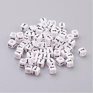 Letter T White Letter Acrylic Cube Beads, Horizontal Hole, Size: about 6mm wide, 6mm long, 6mm high, hole: 3.2mm, about 300pcs/50g(X-PL37C9308-T)