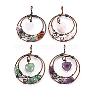 Natural Mixed Gemstone Big Pendants, Wire Wrapped Pendants, with Red Copper Brass Wires, Flat Round with Heart, 63.5x49~50x9.5mm, Hole: 4mm(G-T133-R06)
