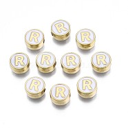 Alloy Enamel Beads, Cadmium Free & Lead Free, Light Gold, Flat Round with Alphabet, White, Letter.R, 8x4mm, Hole: 1.5mm(ENAM-N052-006-01R-RS)