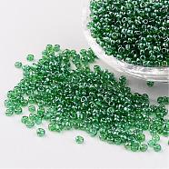 Round Glass Seed Beads, Trans. Colours Lustered, Green, Size: about 3mm in diameter, hole: 1mm, about 1097pcs/50g(X-SEED-A006-3mm-107)