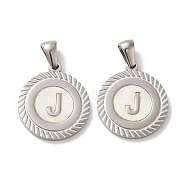 304 Stainless Steel Pendants, Flat Round Shell Charms with Letter, Stainless Steel Color, Letter J, 20.5x17.5x1.5mm, Hole: 2.5x4.5mm(STAS-I204-J-P)