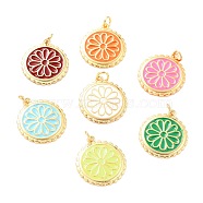 Real 18K Gold Plated Brass Pendants, with Enamel, Long-Lasting Plated, Flat Round with Flower, Mixed Color, 22.5x19.5x2mm, Jump Ring: 5x1mm, 3mm Inner Diameter(KK-L206-013G)