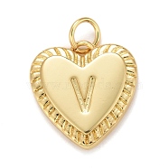 Rack Plating Real 18K Gold Plated Brass Pendants, with Jump Rings, Long-Lasting Plated, Lead Free & Cadmium Free & Nickel Free, Heart with Letter A~Z, Letter.V, 16x15x2.5mm, Jump Ring: 5x0.5mm, 3mm Inner Diameter(KK-E260-01G-V)