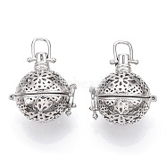 Brass Cage Pendants, For Chime Ball Pendant Necklaces Making, Hollow, Round with Flower, Platinum, 28x25.5x21mm, Hole: 6x5mm, Inner Measure: 16.5mm(X-KK-S337-052)