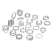 22Pcs 22 Style Heart & Butterfly & Criss Cross & Wave Alloy Finger Rings Set, Imitation Pearl Stackable Rings for Women, Platinum, Inner Diameter: 14.5~18mm, 1Pc/style(AJEW-PW0005-14P)