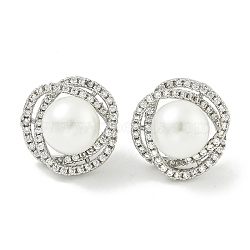 Brass Micro Pave Clear Cubic Zirconia Stud Earrings, with Plastic Beads, Round, Platinum, 17x17mm(EJEW-H014-04P)