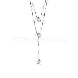 SHEGRACE Rhodium Plated 925 Sterling Silver Two-Tiered Necklaces, with Three Round Pink AAA Cubic Zirconia Pendant, Platinum, 14.96 inch~16.54 inch(38~42cm)(JN701A)