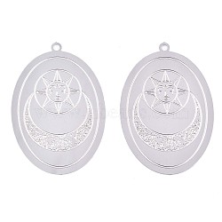 304 Stainless Steel Filigree Pendants, Etched Metal Embellishments, Oval with Sun & Moon, Stainless Steel Color, 38x26x0.3mm, Hole: 1.6mm(STAS-S118-023P)