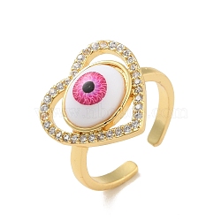 Cubic Zirconia Heart with Evil Eye Open Cuff Ring with Acrylic, Real 18K Gold Plated Brass Jewelry for Women, Cadmium Free & Lead Free, Hot Pink, US Size 6 1/2(16.9mm)(RJEW-B042-05G-02)
