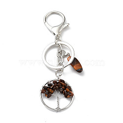 Natural Tiger Eye Keychain, with Platinum Plated Iron Split Key Rings, Flat Round with Tree of Life, 10.5cm(KEYC-M022-01G)