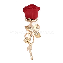 Valentine's Day Rose Flower Zinc Alloy Enamel Brooches, Light Gold, Red, 53x16mm(JEWB-I031-05A)