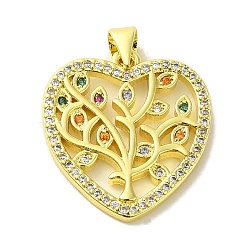 Brass Micro Pave Cubic Zirconia Pendants, Real 18K Gold Plated, Heart with Tree of Life, Colorful, 22.5x20.5x2mm, Hole: 5x3.5mm(KK-Z042-21G-02)