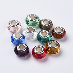 Glass European Beads, with  Silver Color Plated Brass Single Core, Faceted, Rondelle, Mixed Color, 14x9mm, Hole: 4.5mm(RPDL-K001-C)
