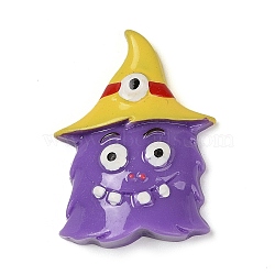 Ghost with Witch Hat Halloween Opaque Resin Decoden Cabochons, Halloween Jewelry Craft, Purple, 35.5x26.5x9.5mm(RESI-R446-02F)