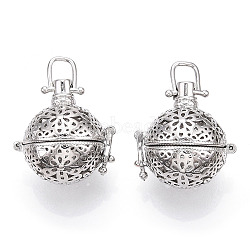 Brass Cage Pendants, For Chime Ball Pendant Necklaces Making, Hollow, Round with Flower, Platinum, 28x25.5x21mm, Hole: 6x5mm, Inner Measure: 16.5mm(X-KK-S337-052)