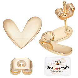 20Pcs Brass Stud Earring Findings, with Vertical Loops & Raw(Unplated) Silver Pins, Heart, with 20Pcs Ear Nuts, Real 18K Gold Plated, 9.5x11.5mm, Hole: 2mm, Pin: 0.6mm(KK-BBC0005-02)