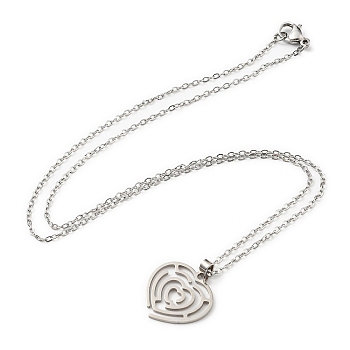 201 Stainless Steel Hollow Heart Pendant Necklace with Cable Chains, Stainless Steel Color, 17.64 inch(44.8cm)