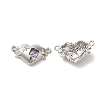 Alloy Connector Charms, Heart Links with Glass, Lead Free & Cadmium Free, Platinum, Lavender, 12x22x5mm, Hole: 1.4mm