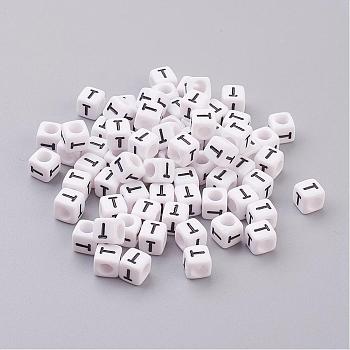 Letter T White Letter Acrylic Cube Beads, Horizontal Hole, Size: about 6mm wide, 6mm long, 6mm high, hole: 3.2mm, about 300pcs/50g