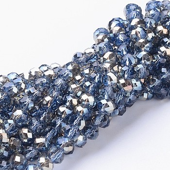 Electroplate Glass Faceted Rondelle Beads Strands, Half Plated, Light Blue, 6x4mm, Hole: 1mm, about 85~88pcs/strand, 16.1~16.5 inch(41~42cm)