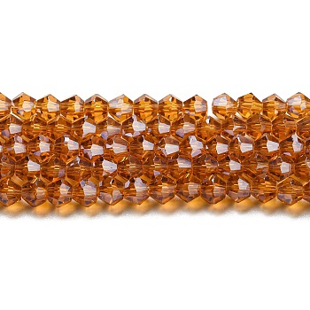 Transparent Electroplate Glass Beads Strands, Pearl Luster Plated, Faceted, Bicone, Dark Orange, 4x4mm, Hole: 0.8mm, about 82~85pcs/strand, 12.01~12.2 inch(30.5~31cm)