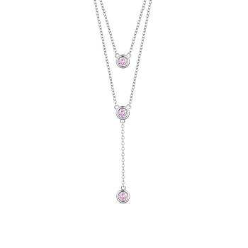 SHEGRACE Rhodium Plated 925 Sterling Silver Two-Tiered Necklaces, with Three Round Pink AAA Cubic Zirconia Pendant, Platinum, 14.96 inch~16.54 inch(38~42cm)