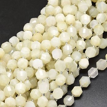 Natural White Moonstone Beads Strands, with Seed Beads, Faceted, Bicone, Double Terminated Point Prism Beads, 9~10.5x8~10mm, Hole: 0.8mm, about 31pcs/strand, 15.16 inch(38.5cm)