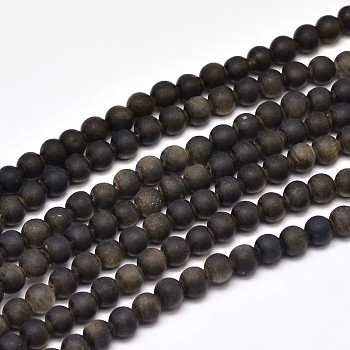 Frosted Natural Golden Sheen Obsidian Round Bead Strands, 4mm, Hole: 1mm, about 95pcs/strand, 15 inch