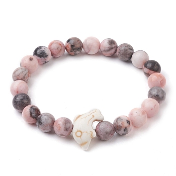 Synthetic Turquoise Dolphin Beads with Natural Pink Zebra Jasper Beaded Stretch Bracelets, 3/8 inch(0.85cm), Inner Diameter: 2-3/8 inch(6cm)
