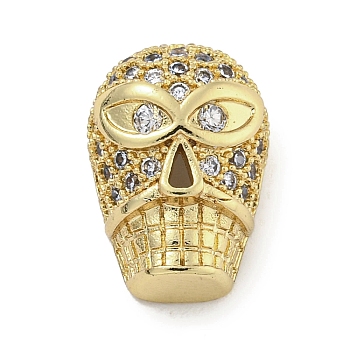 Brass Micro Pave Clear Cubic Zirconia Beads, Skull, Real 18K Gold Plated, 13.5x7x10mm, Hole: 1.6mm