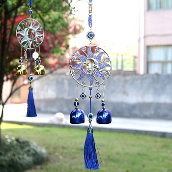 Alloy Wind Chime, with Sun Evil Eye Wind Bells Hanging Decoration and Tassle, for Car Kitchen Home Garden Decor, Blue, 370mm