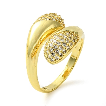 Brass Micro Pave Cubic Zirconia Open Cuff Rings, Teardrop, Real 16K Gold Plated, Inner Diameter: 17.8mm