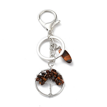 Natural Tiger Eye Keychain, with Platinum Plated Iron Split Key Rings, Flat Round with Tree of Life, 10.5cm