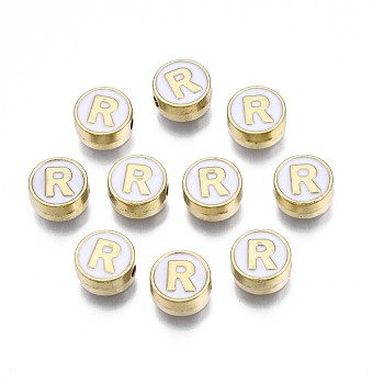 Alloy Enamel Beads, Cadmium Free & Lead Free, Light Gold, Flat Round with Alphabet, White, Letter.R, 8x4mm, Hole: 1.5mm