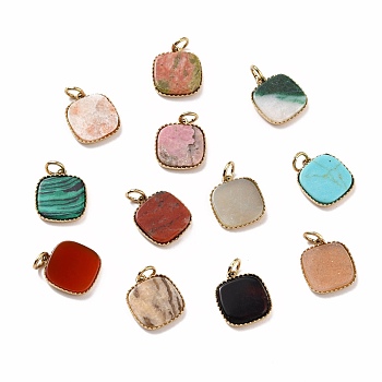 Natural & Synthetic Gemstone Charms, with Ion Plating(IP) Golden Tone 304 Stainless Steel Findings, Square, 11.5x10x2.5mm, Hole: 2.5mm