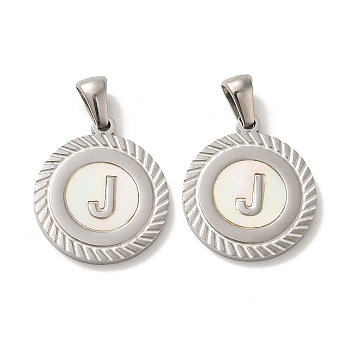 304 Stainless Steel Pendants, Flat Round Shell Charms with Letter, Stainless Steel Color, Letter J, 20.5x17.5x1.5mm, Hole: 2.5x4.5mm