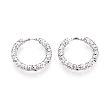 304 Stainless Steel Hoop Earrings, Textured Ring, Stainless Steel Color, 16x17~17.5x2.5mm