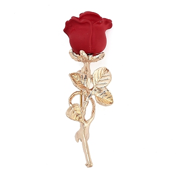 Valentine's Day Rose Flower Zinc Alloy Enamel Brooches, Light Gold, Red, 53x16mm