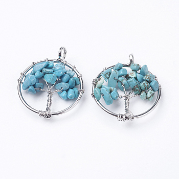 Synthetic Turquoise Pendants, with Brass Findings, Flat Round with Tree of Life, Platinum, 29x5~7mm, Hole: 4.5mm