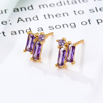 Cubic Zirconia Rectangle Stud Earrings, Golden 925 Sterling Silver Post Earrings, with 925 Stamp, Dark Orchid, 8.5x5.8mm