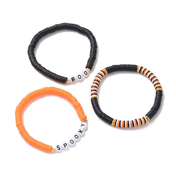 3Pcs 3 Styles Polymer Clay Heishi Surfer Stretch Bracelets Set, Word Spookey Boo Acrylic Preppy Bracelets for Halloween, Mixed Color, Inner Diameter: 2-1/8~2-1/4 inch(5.5~5.6cm), 1Pc/style