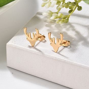 304 Stainless Steel Stud Earrings, Deer, Real 18K Gold Plated, 11x9.5mm