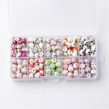 1 Box Ten Color Handmade Printed Porcelain Beads, Round, Mixed Color, 8mm, Hole: 2mm, about 20pcs/color, about 200pcs/box