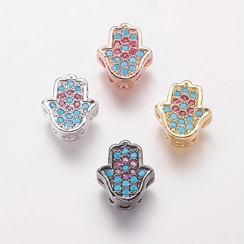 Brass Cubic Zirconia Beads, Hamsa Hand/Hand of Fatima/Hand of Miriam, Colorful, Mixed Color, 9.5x8.5x4mm, Hole: 2mm