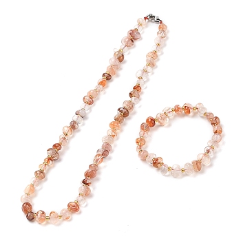 Natural Ferruginous Quartz Chip Beads Bracelets & Necklaces Sets, with 304 Stainless Steel Clasps, Necklace: 16.30~17.72 inch(414~450mm)