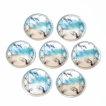 Transparent Printed Acrylic Pendants, Flat Round with Scenery, Colorful, 35x2.5mm, Hole: 1.6mm