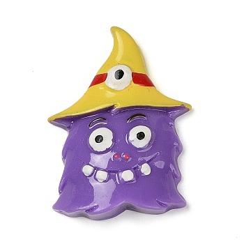 Ghost with Witch Hat Halloween Opaque Resin Decoden Cabochons, Halloween Jewelry Craft, Purple, 35.5x26.5x9.5mm