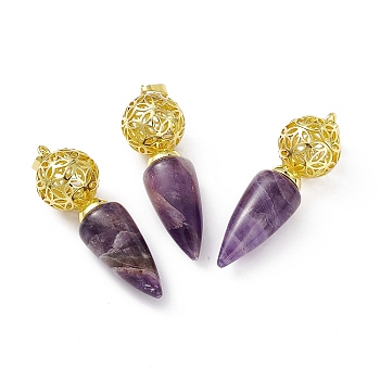 Natural Amethyst Big Pendants, Cone Charms with Rack Plating Brass Hollow Ball, Golden, Cadmium Free & Lead Free, 57~58x17.5~18mm, Hole: 8x5mm